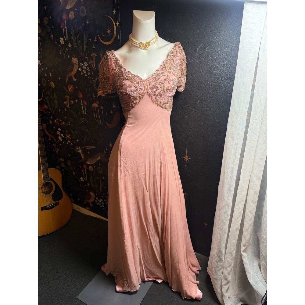 Vintage Beaded Pink Evening Gown Scalloped Bodice silk Maxi Dress Rose FLAW
